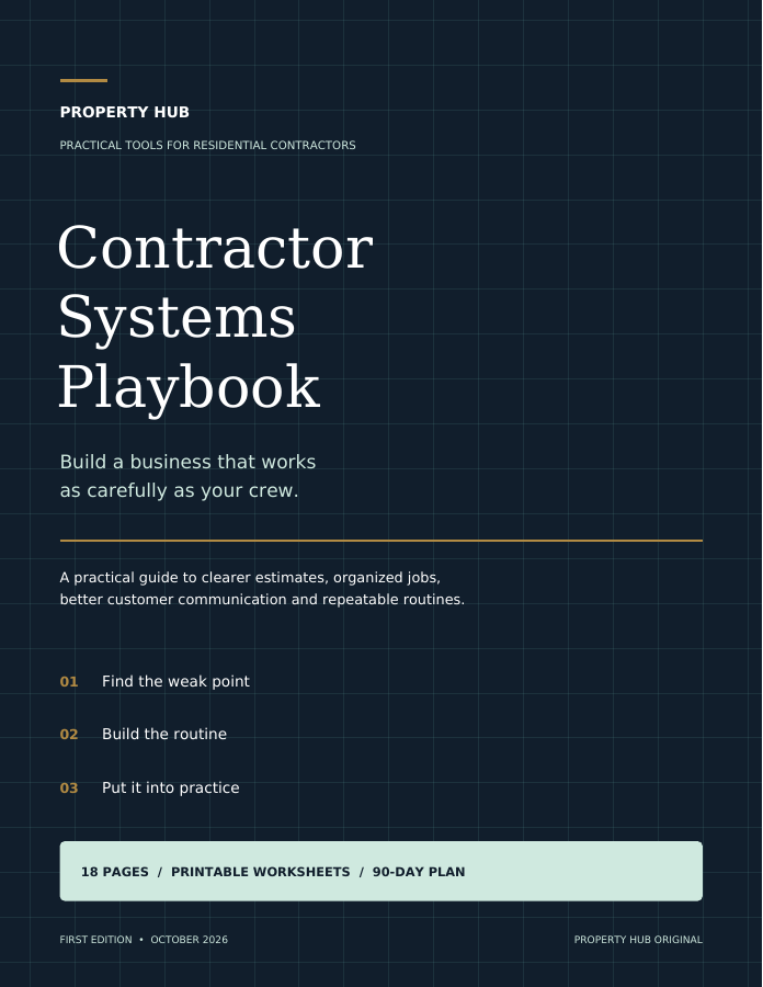 Property Hub Contractor Systems Playbook cover: practical tools, printable worksheets and a 90-day plan