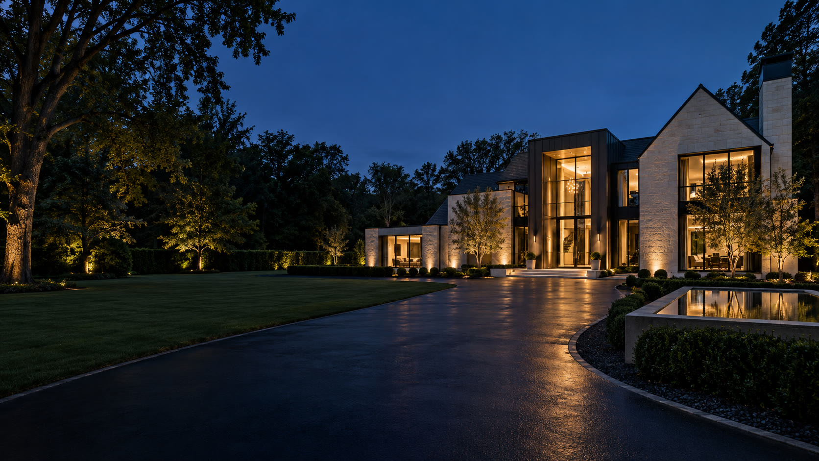 Contemporary luxury estate illuminated at blue hour